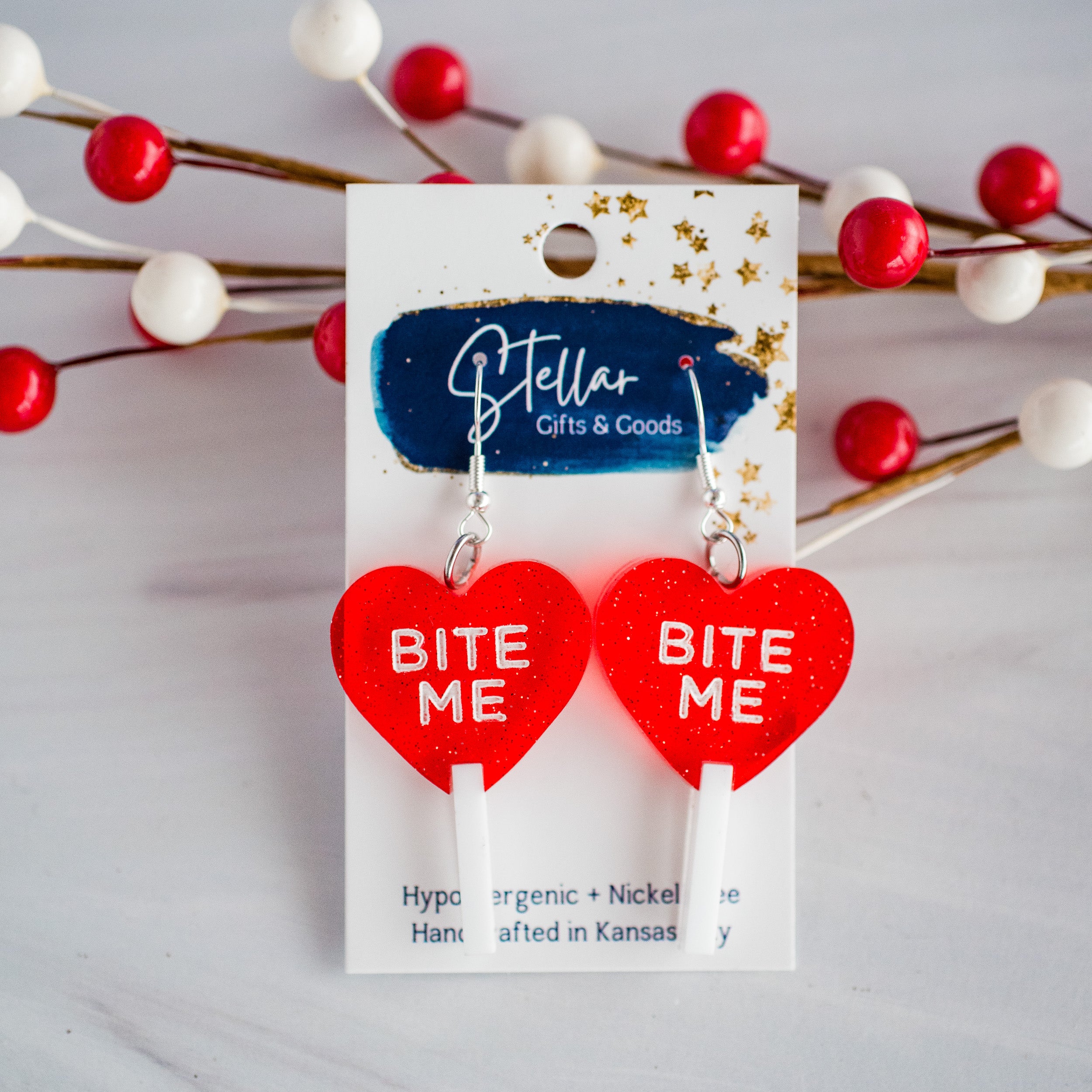 Bite Me Red Glitter Valentine Heart Lollipop Dangles