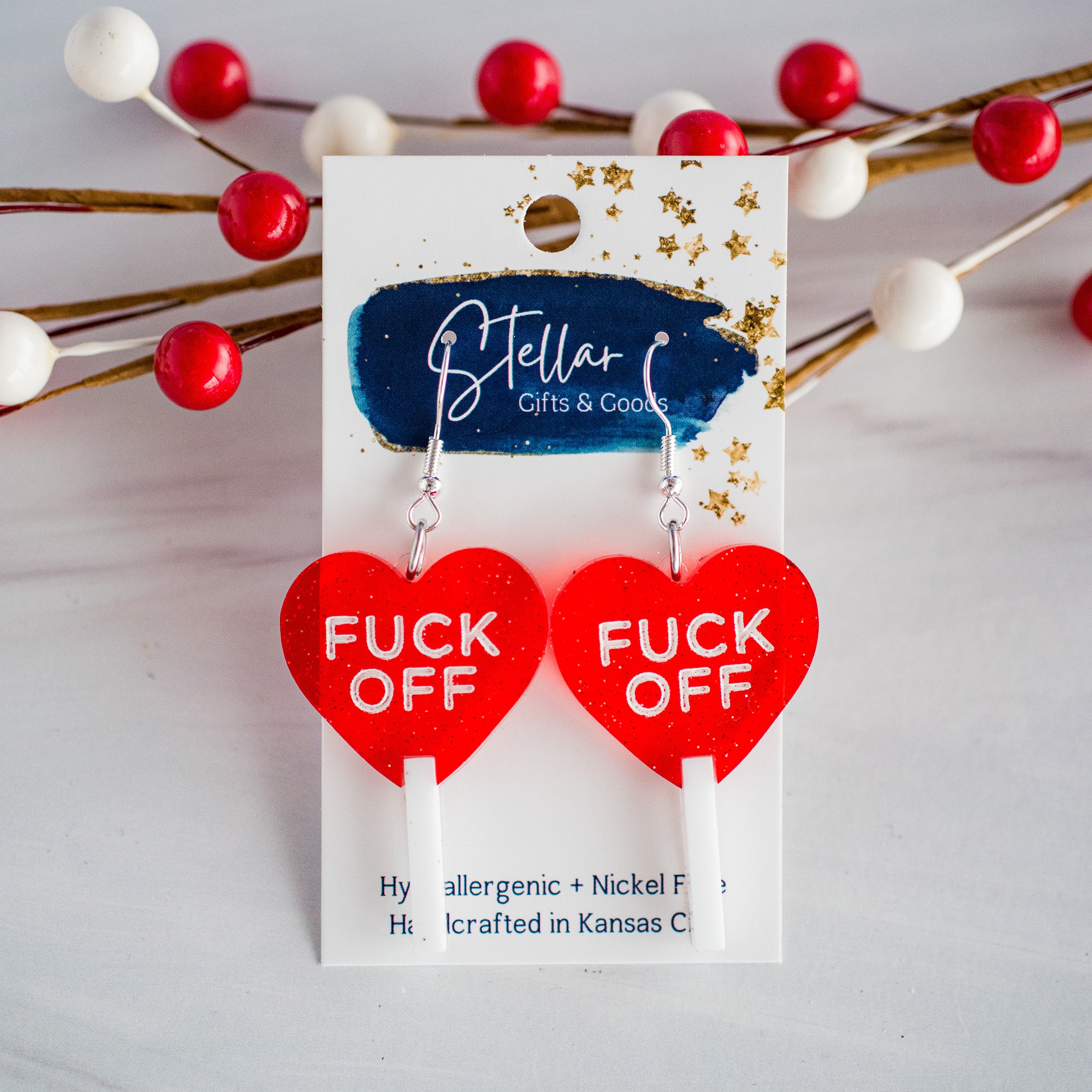 Fuck Off Red Glitter Valentine Heart Lollipop Dangles