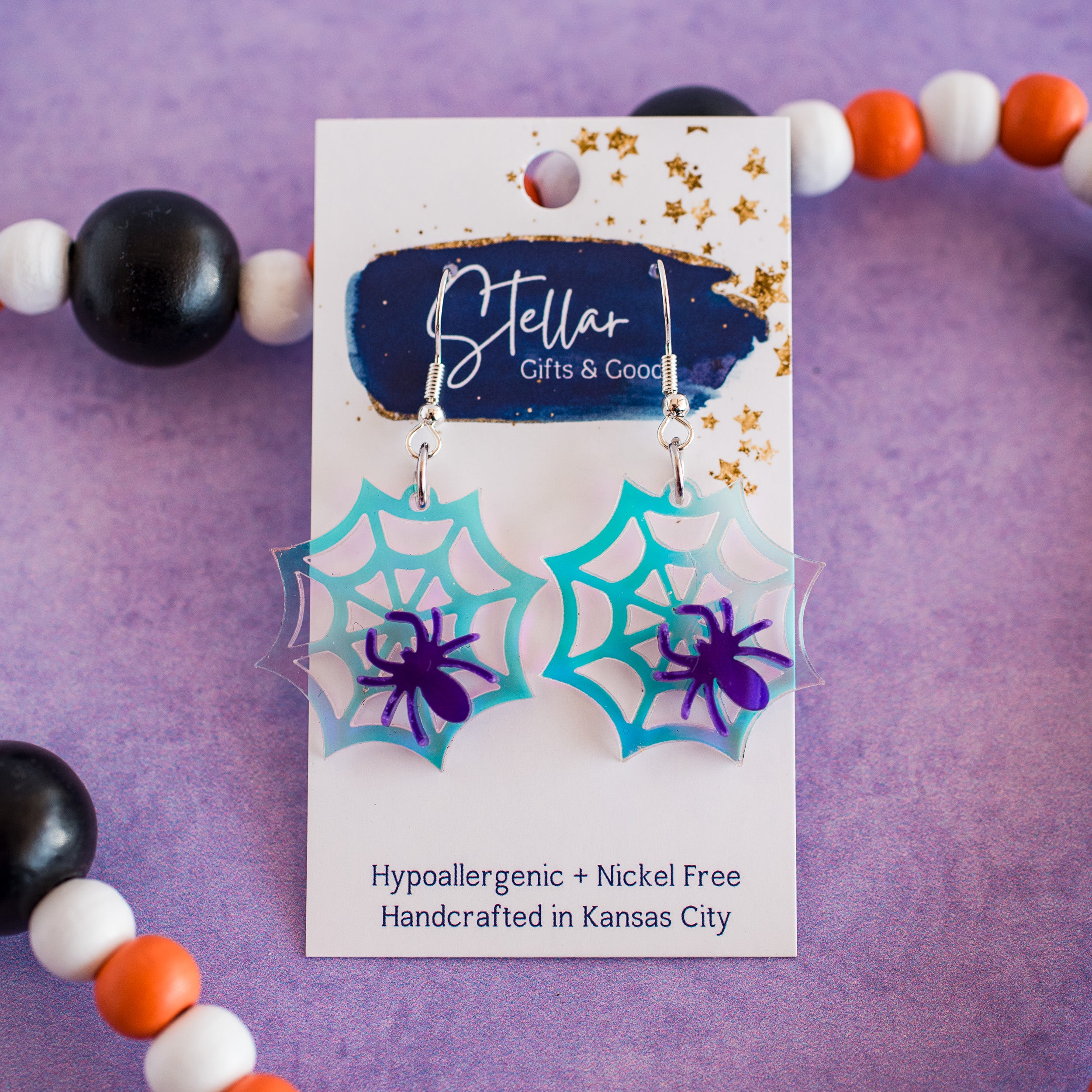 Petite Holographic Spiderwebs with Purple Spider Dangles