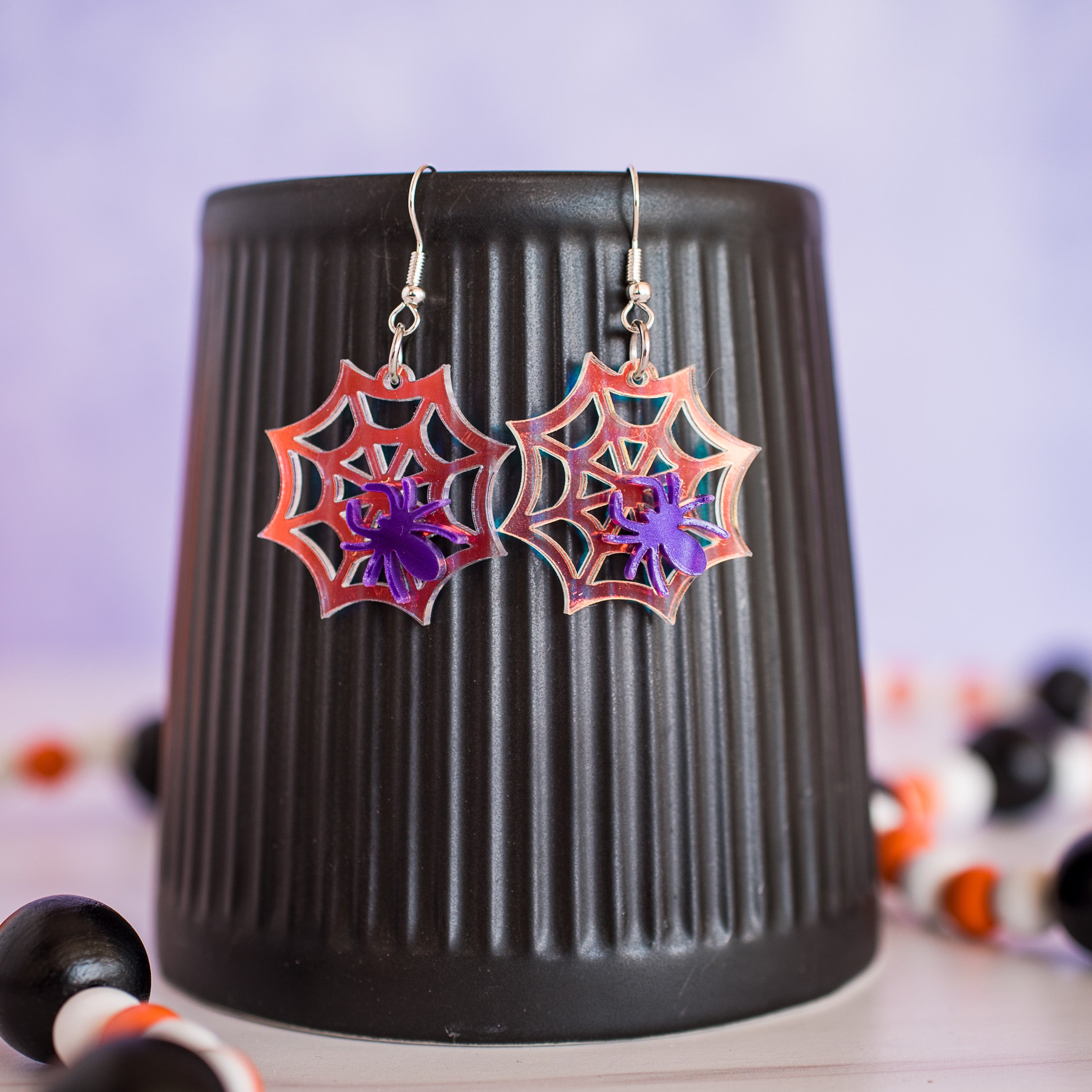 Petite Holographic Spiderwebs with Purple Spider Dangles