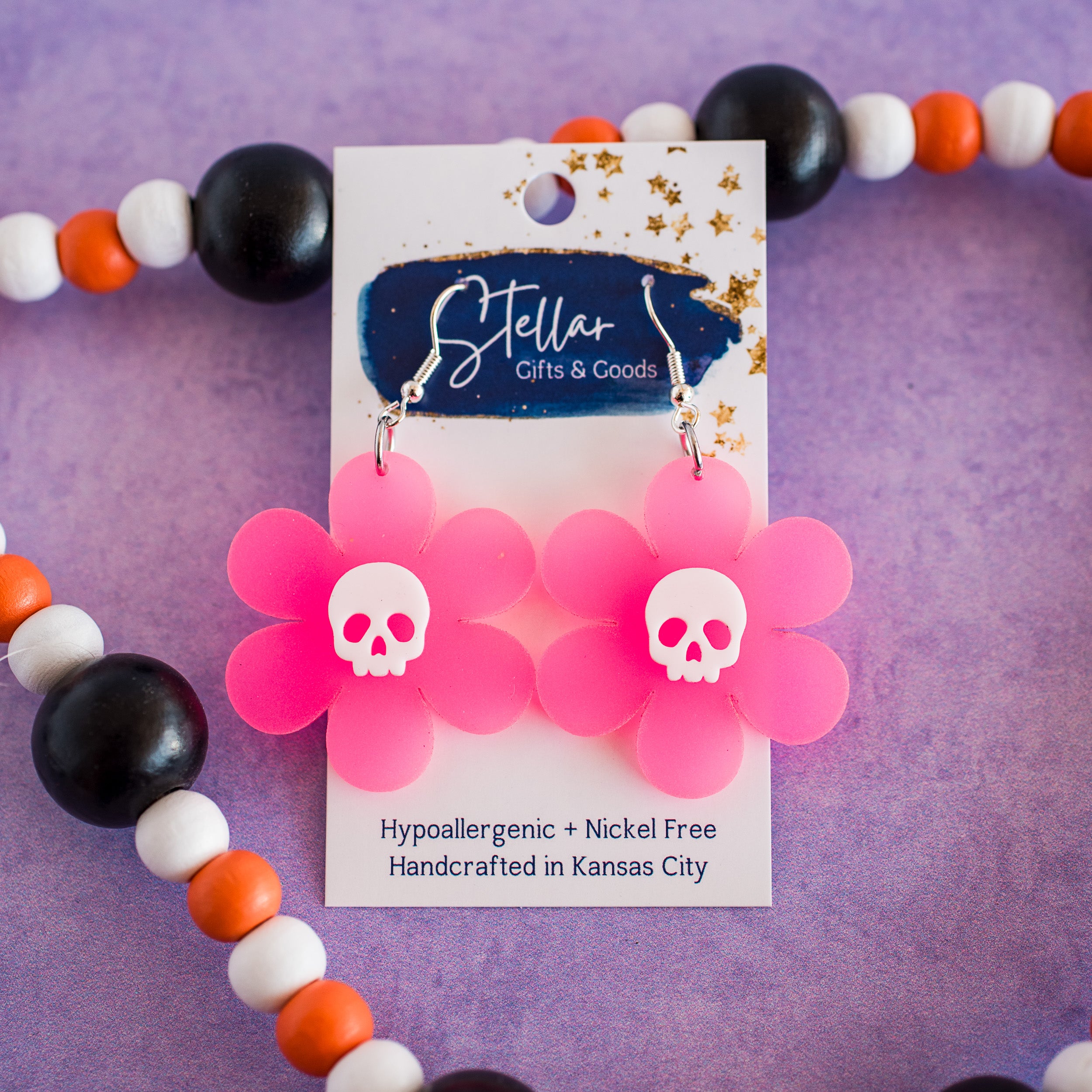 Glow in the Dark Pink Daisy with Skull Dangles