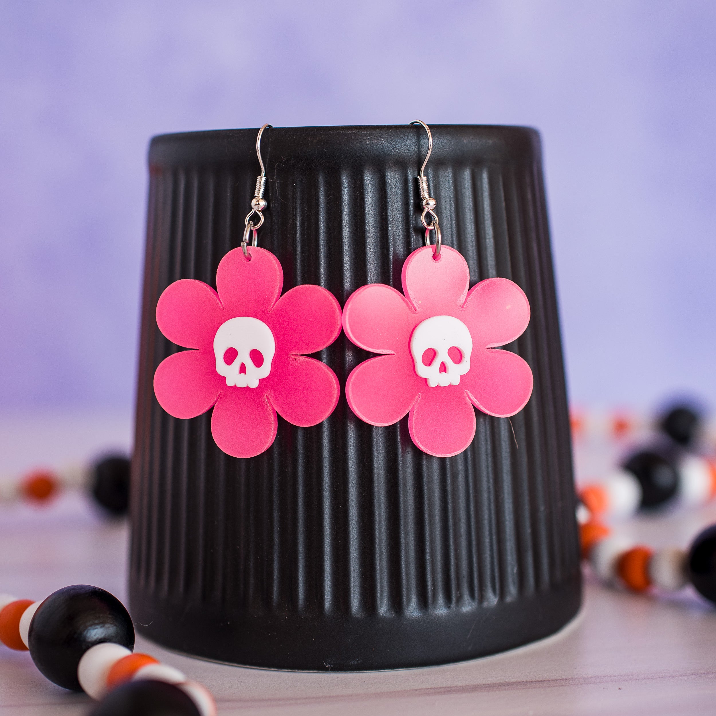 Glow in the Dark Pink Daisy with Skull Dangles