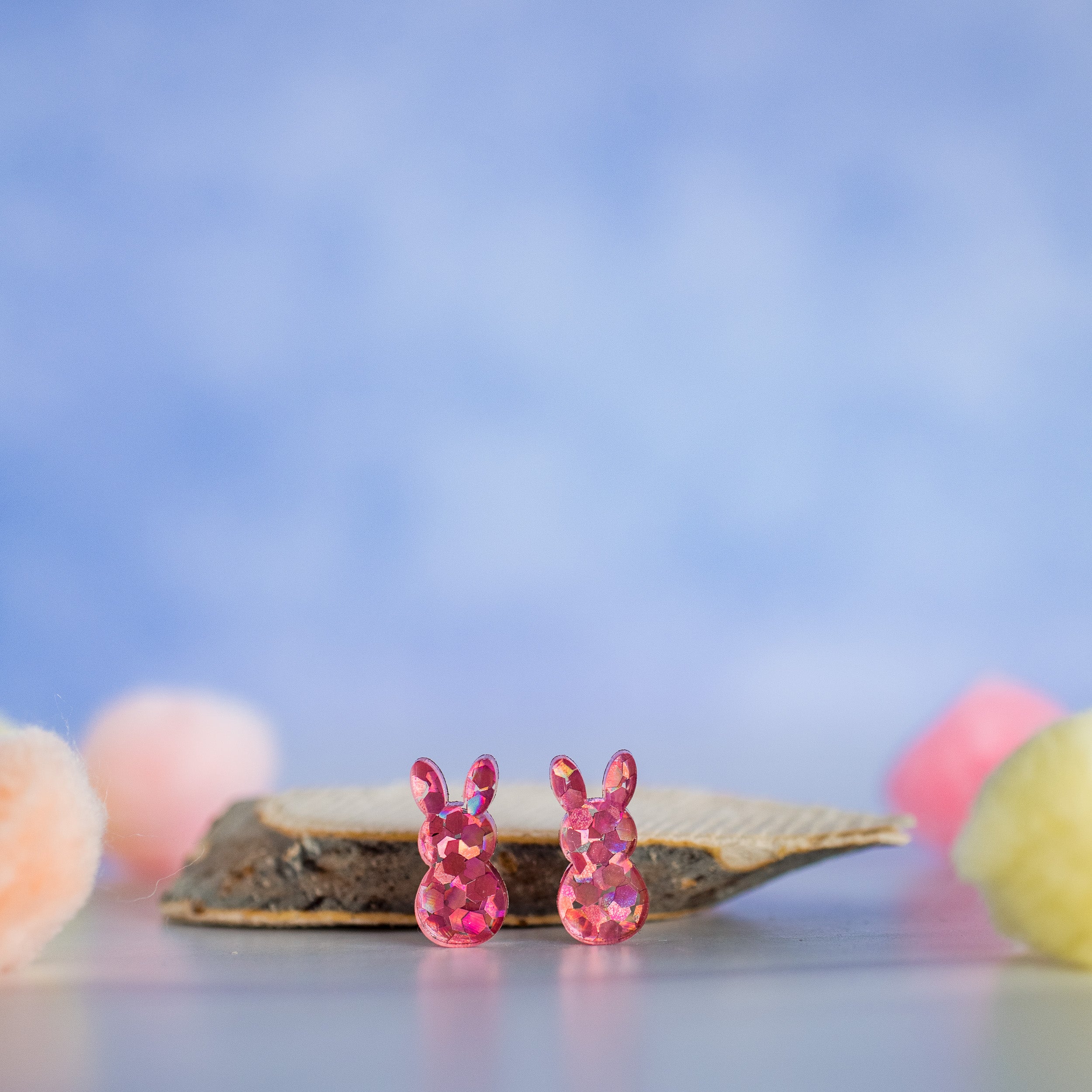 Chunky Pink Hex Glitter Easter Bunny Studs
