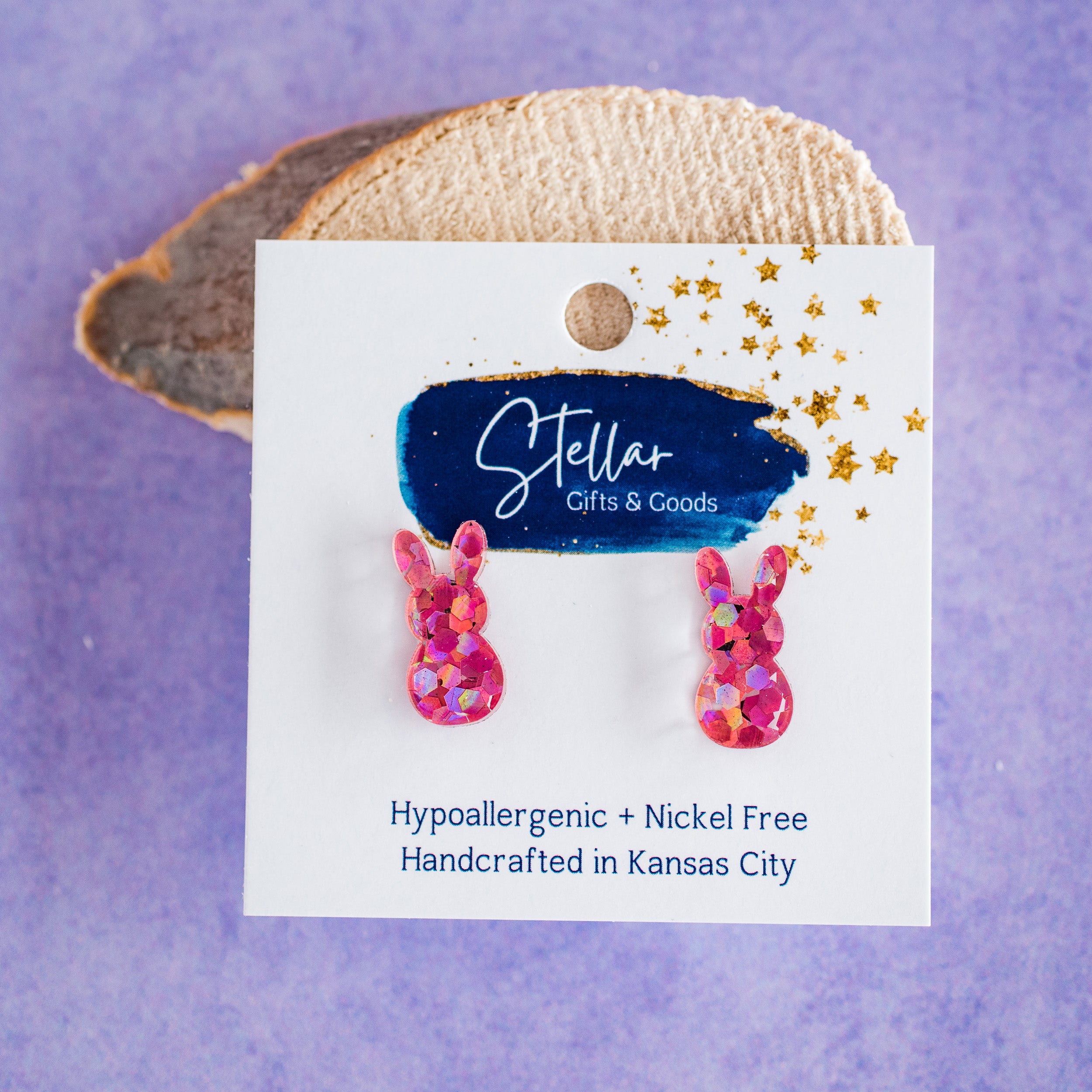 Chunky Pink Hex Glitter Easter Bunny Studs