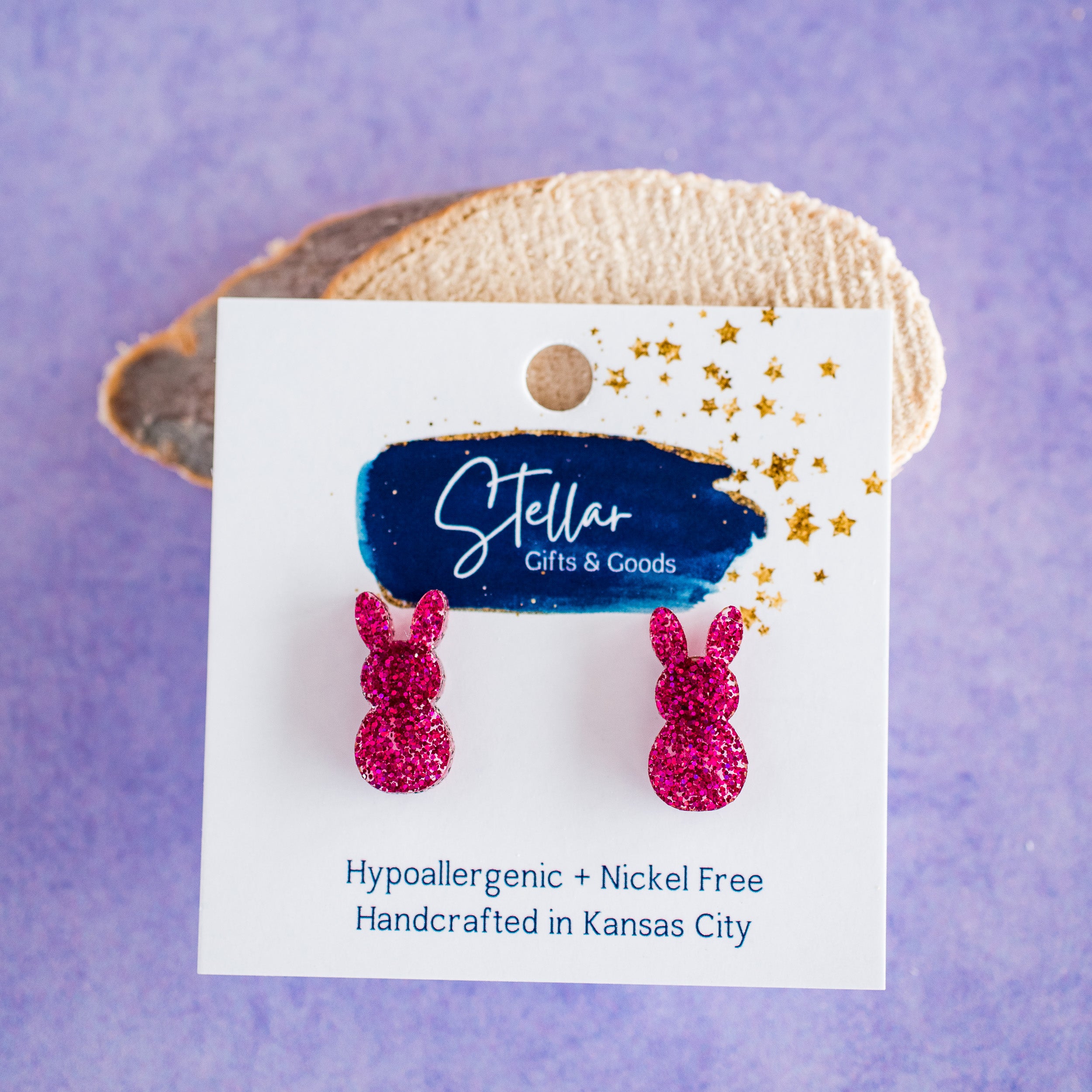 Pink Glitter Easter Bunny Studs