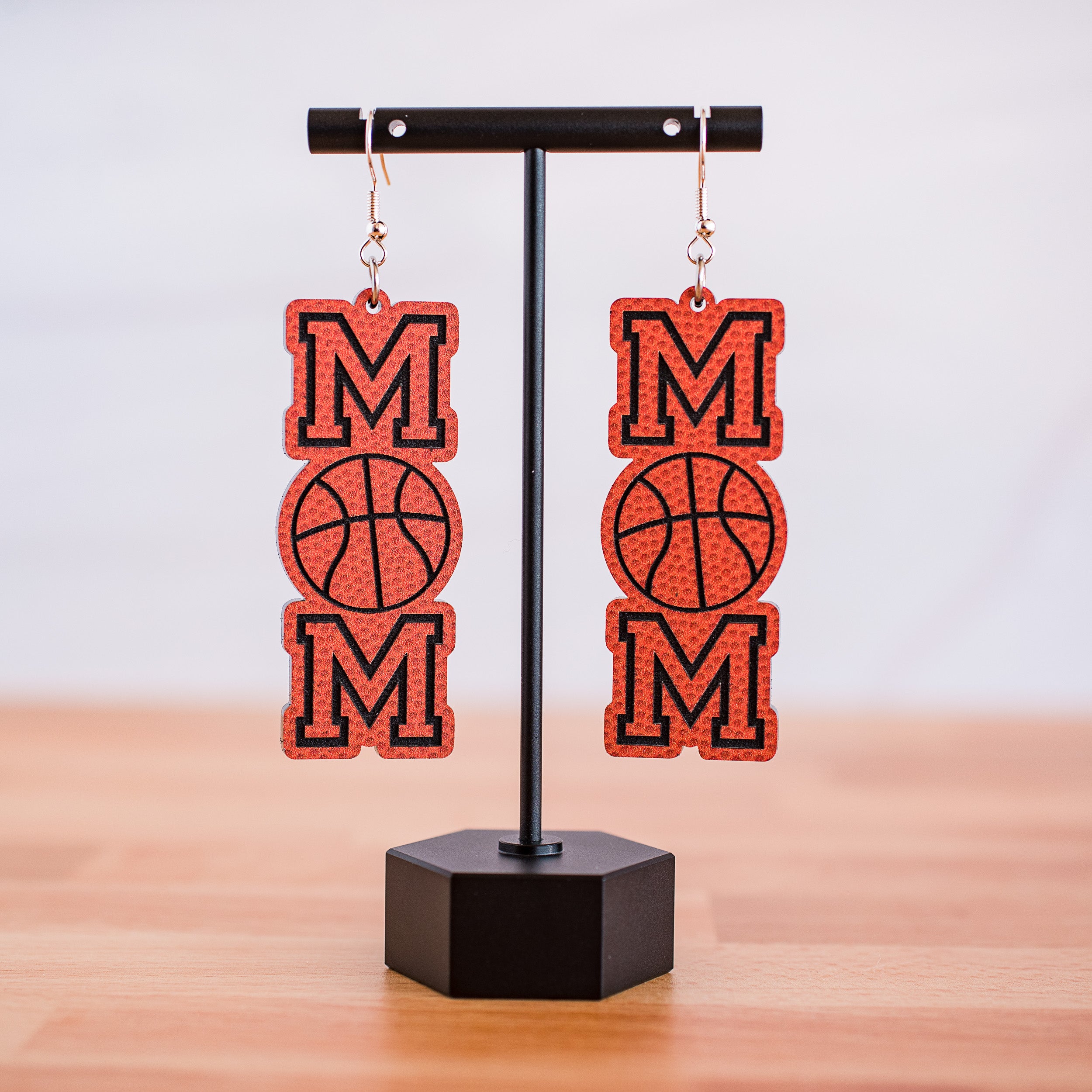 Orange & Black Acrylic Basketball Mom Letter Dangles