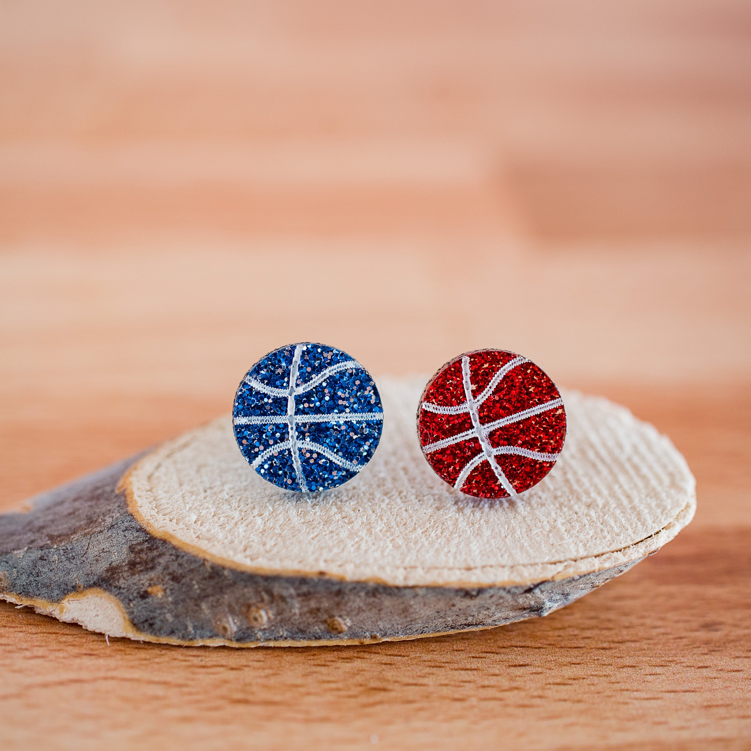 Blue & Red Hand Painted Glitter Acrylic Basketball Studs